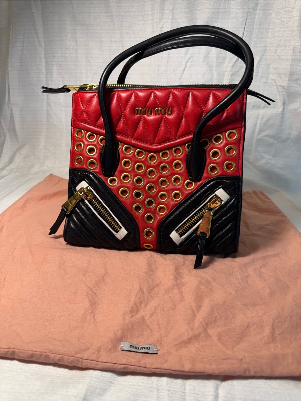 Miu Miu Red & Black Matelassé Leather Grommet Biker Bag Tote